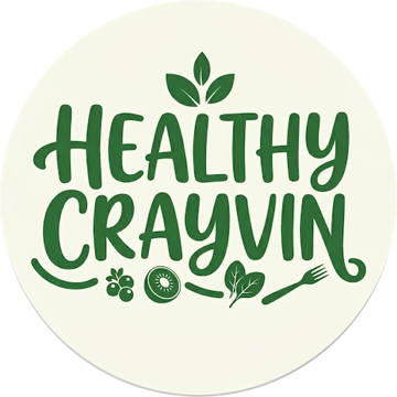 Healthy Crayvin logo: green hand-lettered name with leaves, berries, kiwi, spinach and a fork