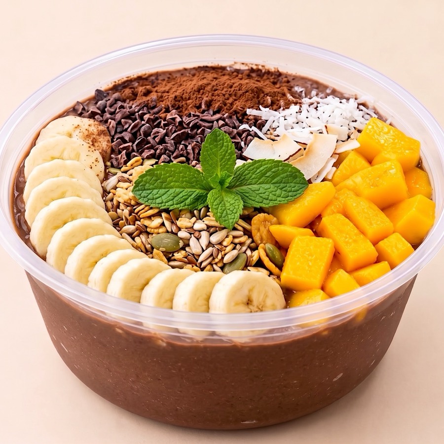 Choco Banana Oat Jar, chocolate base topped with banana slices, cacao, seeds, coconut, mango and mint